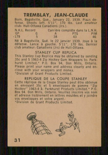 1963-64 PARKHURST # 31 JEAN-CLAUDE TREMBLAY 15162 - Picture 2 of 2
