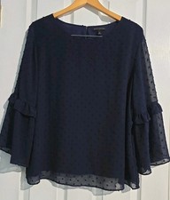 Banana Republic Factory Dobby Dot Textured Flute-Sleeve Blouse Navy Polyester XL