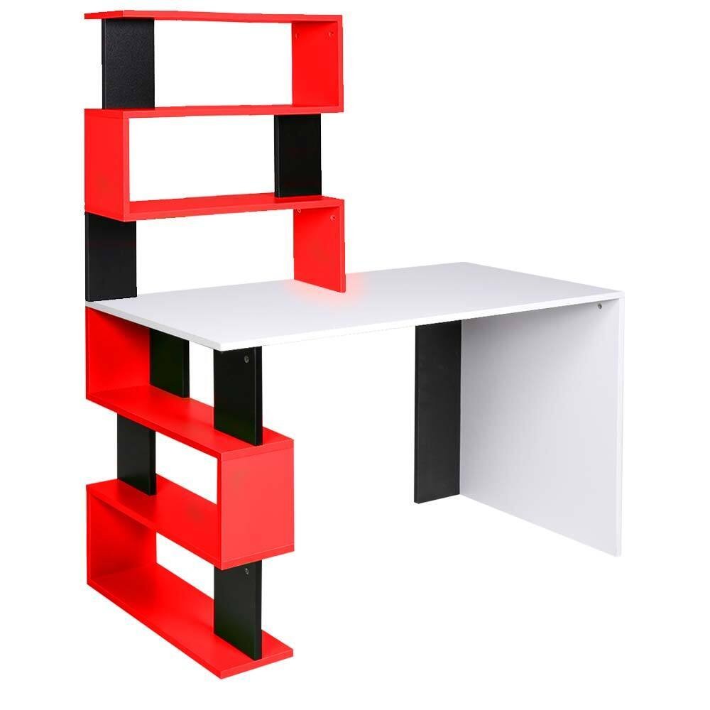 Scrivania Libreria 7 Ripiani Tavolo Porta Pc Computer Legno Casa Ufficio Rosso foto 3