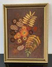 Stunning Vintage CREWEL Large Hand Stitched Floral Art Framed Mid Century 70&rsquo;s
