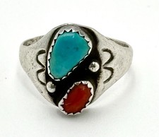 Vintage Sterling Silver Navajo Native American Ring -Turquoise  Coral Size 8