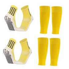 2 Set Kids Grip Soccer Socks with Shin Guard Sleeves, Anti-Slip 2 Set: Yellow