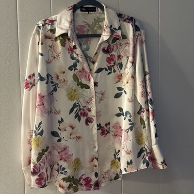 ZARA Floral Satin Button Down Blouse Women's Size Large Long Sleeve Dress Shirt