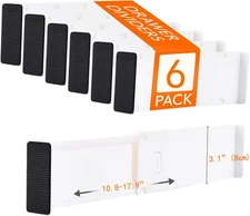 Adjustable Drawer Organizer Set, 6-Pack, 10.8"-17.9" Expandable, 3.1" High, Plas