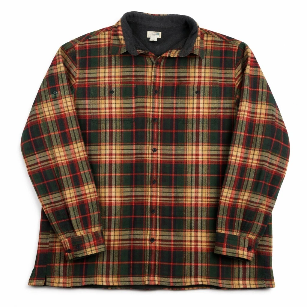 L.L.Bean Fleece Lined Flannel Shirt Jacket Mens XL Plaid Green Red Button Up