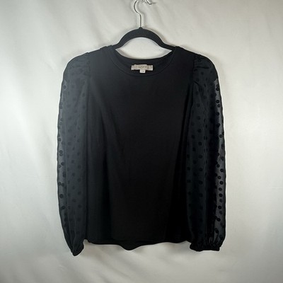 LOFT Black Sheer Polka Dot Puff Sleeve Blouse Women s Small Crew Neck