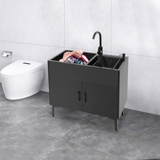 Utility Sink with Cabinet Stainless Steel Sink w/ Faucet Laundry Cabinet 2-Bowl