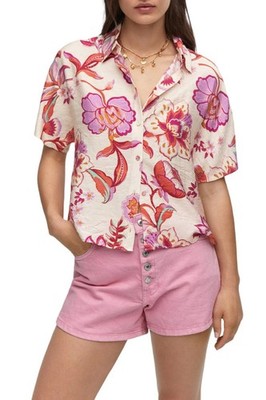Floral Button Down Shirt, Short Sleeve, MANGO, XS, Size 2