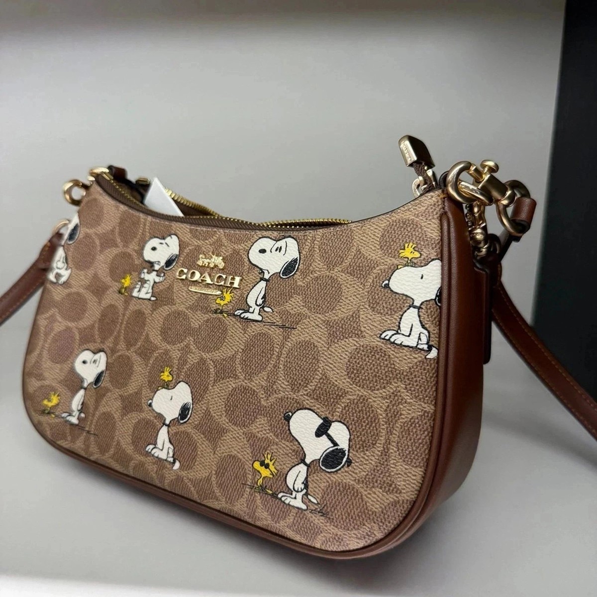 COACH x PEANUTS Teri Shoulder Bag Tan Brown Snoopy Print Signature