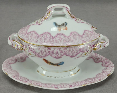 Antique Oscar Gutherz Limoges Pink Floral Butterflies & Gold Sauce Tureen