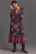 NEW Anthropologie Farm Rio x Anthropologie Puff-Sleeve V-Neck Midi Dress Size L