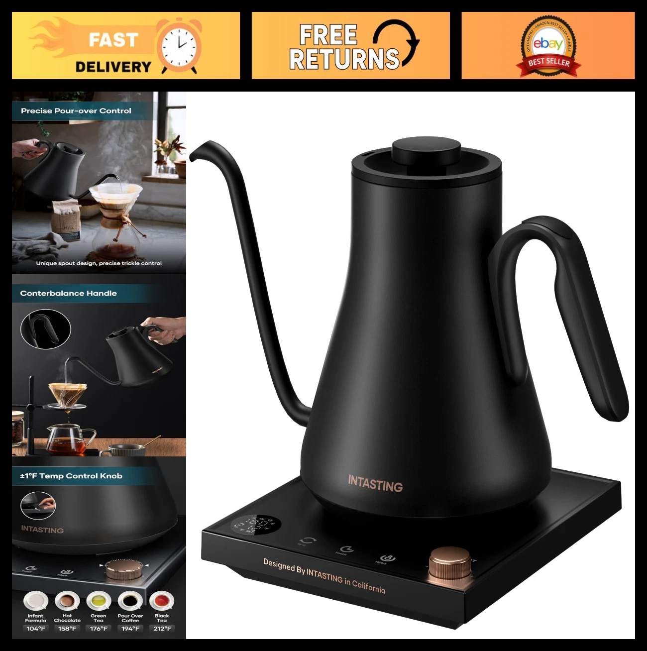 Gooseneck Electric Kettle with Precise Temperature Control, Stainless Steel, 0.9