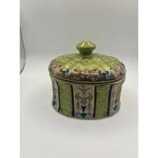 Vintage Lidded Trinket Dish Green Gold Floral Decorative Porcelain Made in China