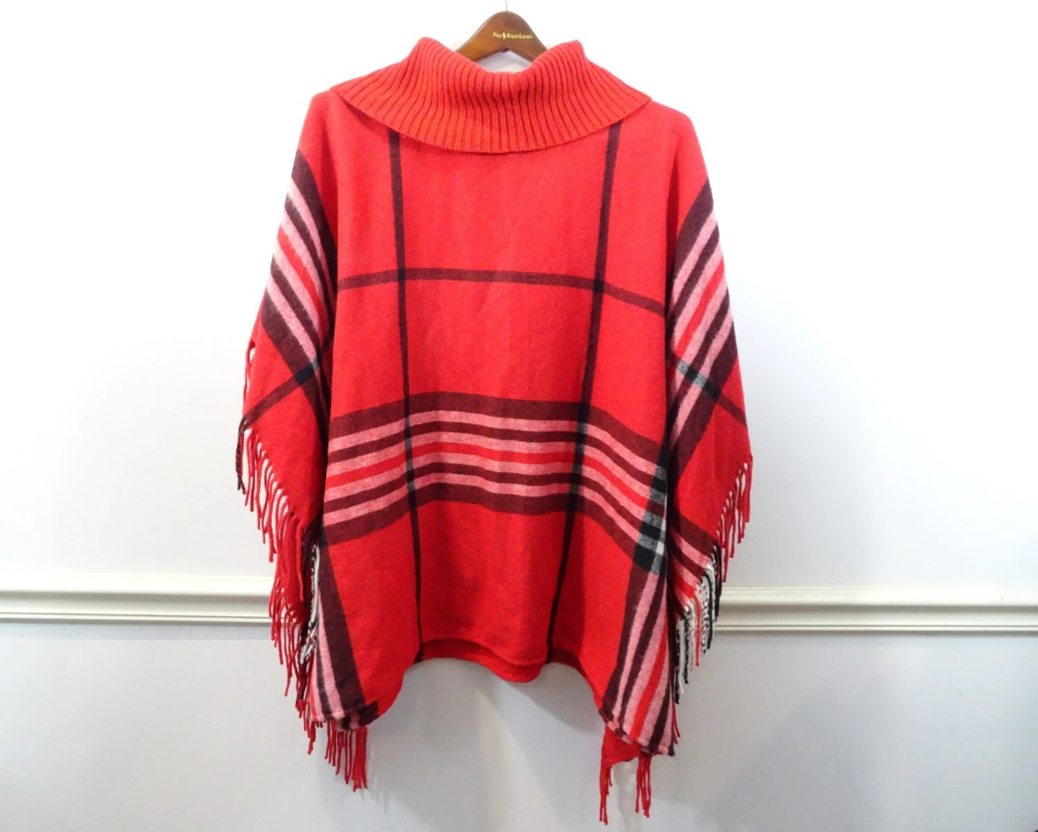 Talbots Red Black Plaid Wool Blend Cape Wrap Fringed Poncho Shawl Size M/L