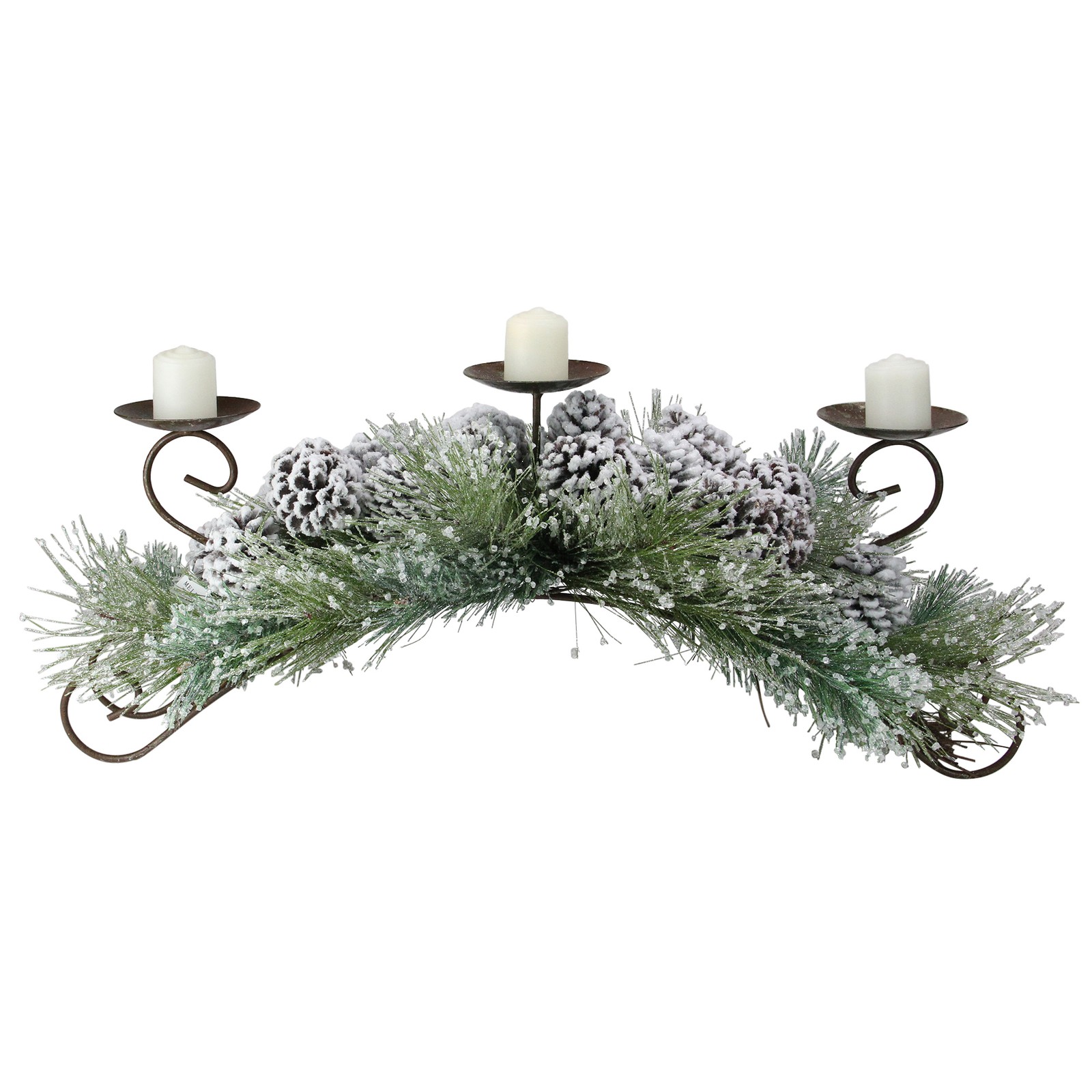 Melrose 30" Iced Green Pine Needle and Frosted Pine Cone Christmas Candle Holder