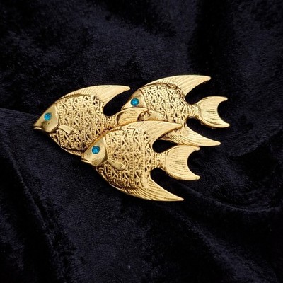 Fischschwarm Schulbrosche goldfarben Vintage inspiriert Geschenk Tiere