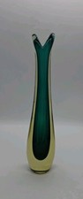 MCM Murano Sommerso Green  Yellow Art Glass Split Top Bud Vase 11 "