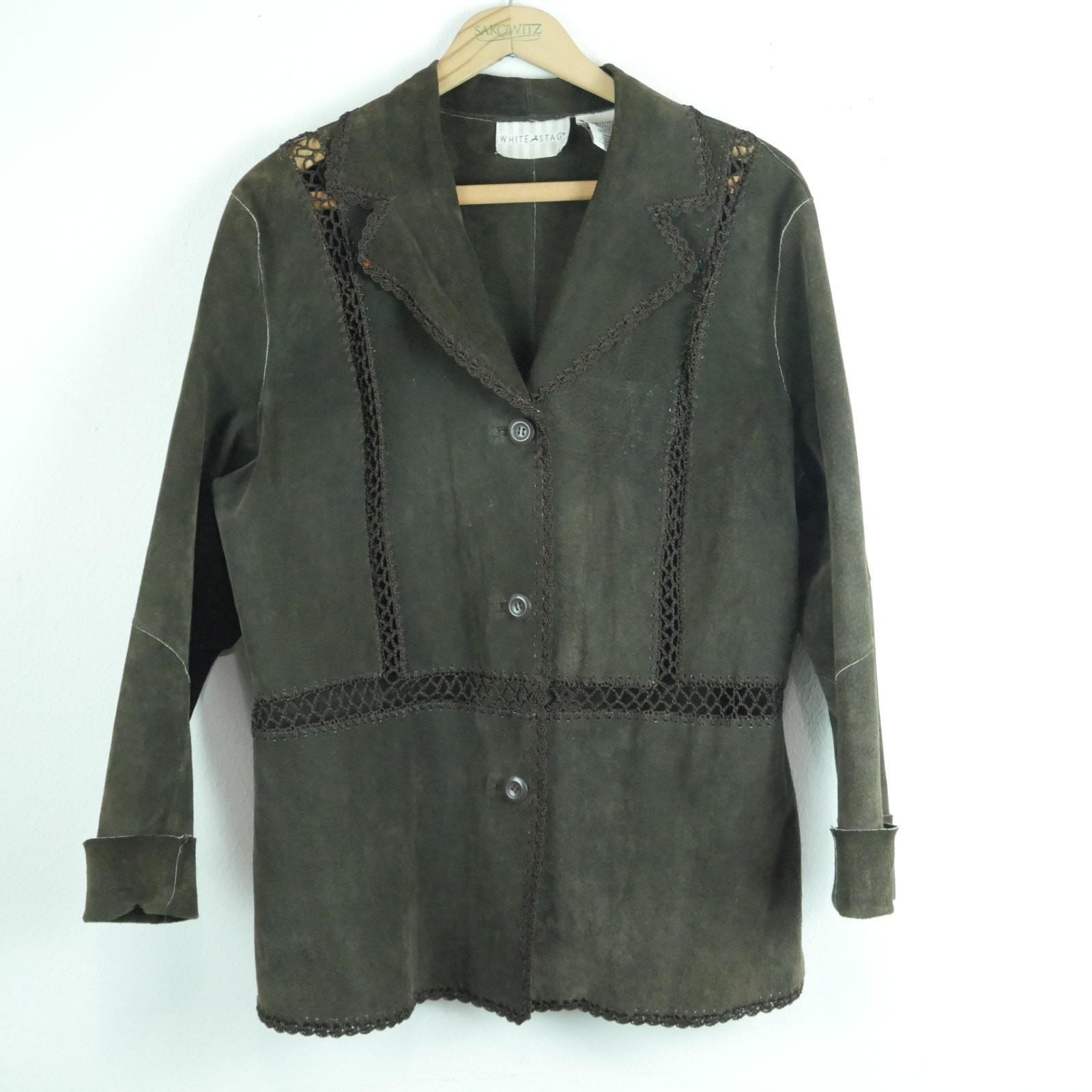 Vintage Large Suede Jacket Patchwork Crochet Brow… - image 1