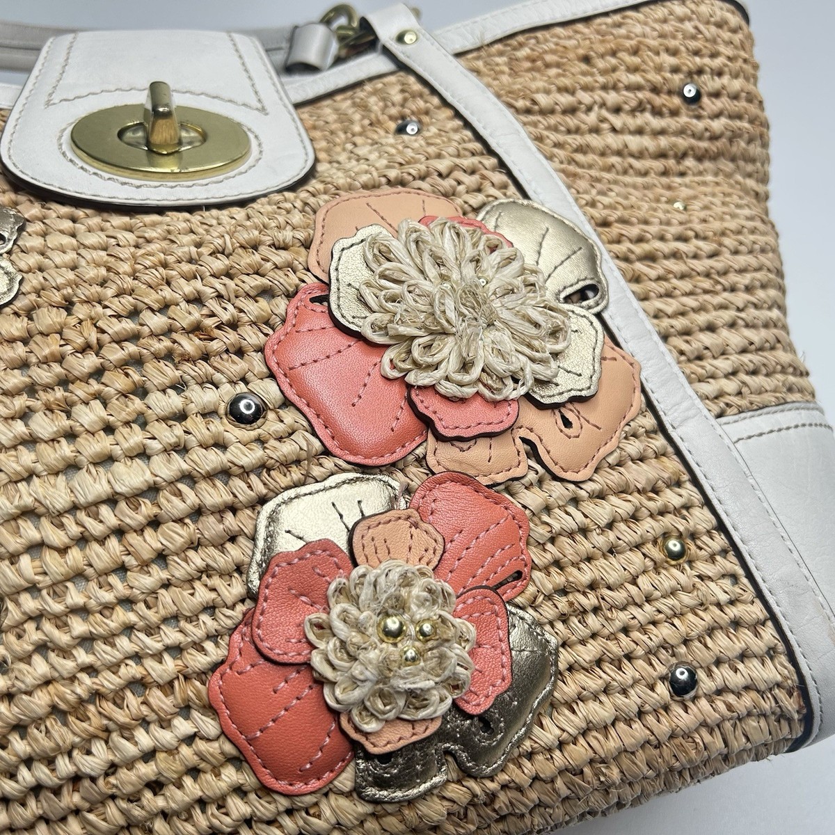 COACH Hampton Floral Applique Straw Weekend Coral White Tote