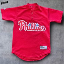 Philadelphia Phillies Shirt Youth S Red MLB Baseball 2 Button Mesh Henley Script