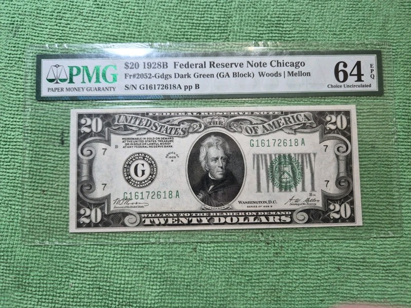 1928B FRN Chicago Fr#2052-Gdgs Dark Green GA Block Woods/mellon PMG 64 EPQ