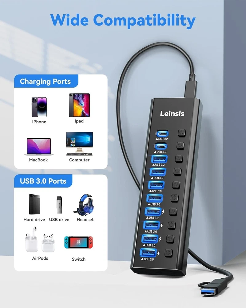 Powered USB Hub 3.2,  10-Port USB 3.2/USB C Hub (10Gbps USB-A 3.2 +2 USB-C 3.2 +