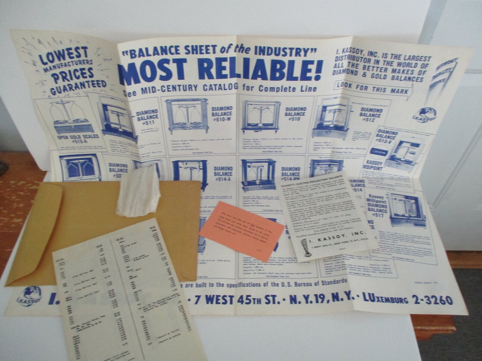 I. KASSOY Advertising Flyer, Price List, Etc. for Jewelry Scales