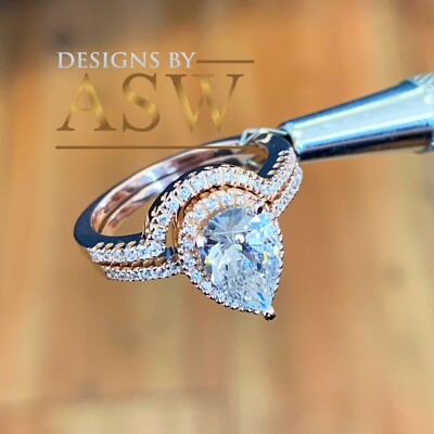 14k Rose Gold Pear Forever Moissanite Diamond Engagement Ring And Band 2.00ct