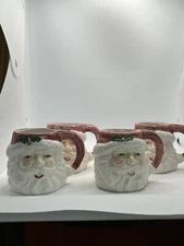 Santa Clause face mug coffee cups vintage style Christmas set of 5 Holly Unmark