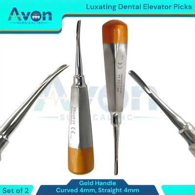 Gold Color-Coded German Stainless Apical Root Elevators 4mm Str+Cur, Set of 2pc