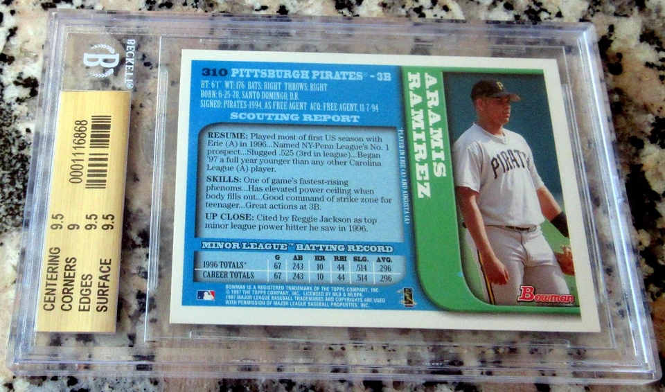 Tarjeta de novato Aramis Ramírez 1997 Bowman RC BGS 9,5 GEMA COMO NUEVA Chicago Cubs Salón de la fama $$ Foto 3 de 3