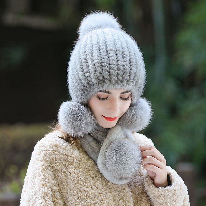 Momen's Real Mink Fur Hat Real Mink Fur scarf Knitted Beanies Elastic Ski  Cap