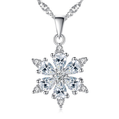 women 925 Sterling Silver Shiny Crystal Snowflake Pendant Necklace