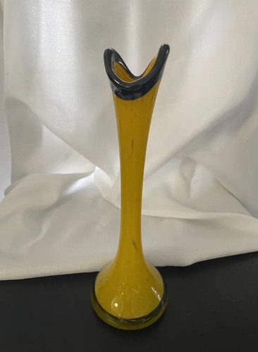 Vintage Art Glass Swung Stretched Vase Yellow Cased In Clear Black Rim MCM 11”