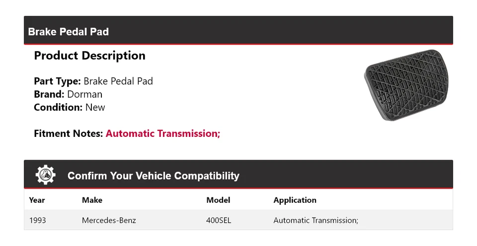 Pastilla de pedal de freno Dorman 1993 Mercedes-Benz 400SEL Foto 2 de 4