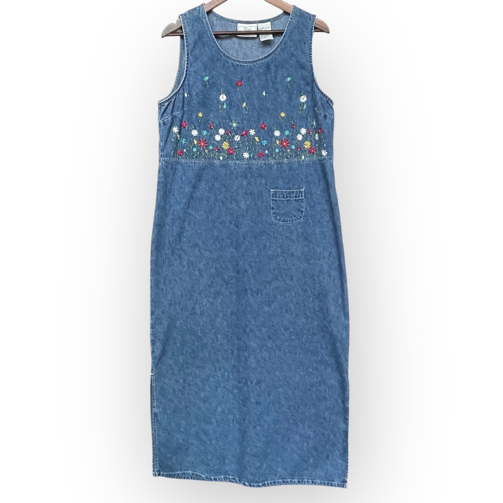Studio Ease Denim Maxi Dress Women Size 14 Blue Floral Patch Pocket Sleeveless