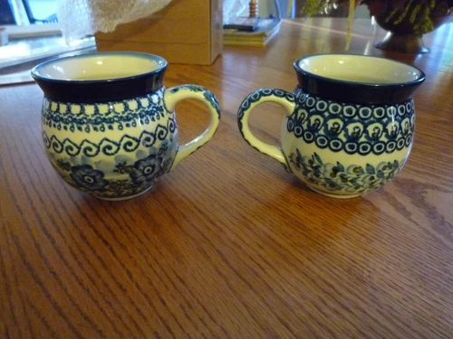 2 Boleslawiec Polish Pottery Bubble Mugs Cups Handmade in Poland Blue Flowers
