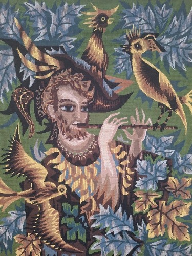 Tapisserie canevas Ancien 1950 "L'oiseleur"style Lurcat Tableau Vintage Encadré - Photo 7 sur 8