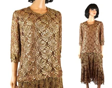 Vintage Cocktail Dress Sz M La Divina Brown Gold Lace Beaded Sequin Flapper Gown
