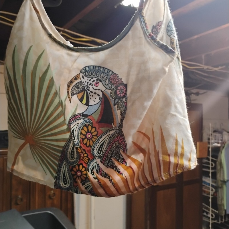 farm brand women's holter top with open back and peacock dedign colorful size L