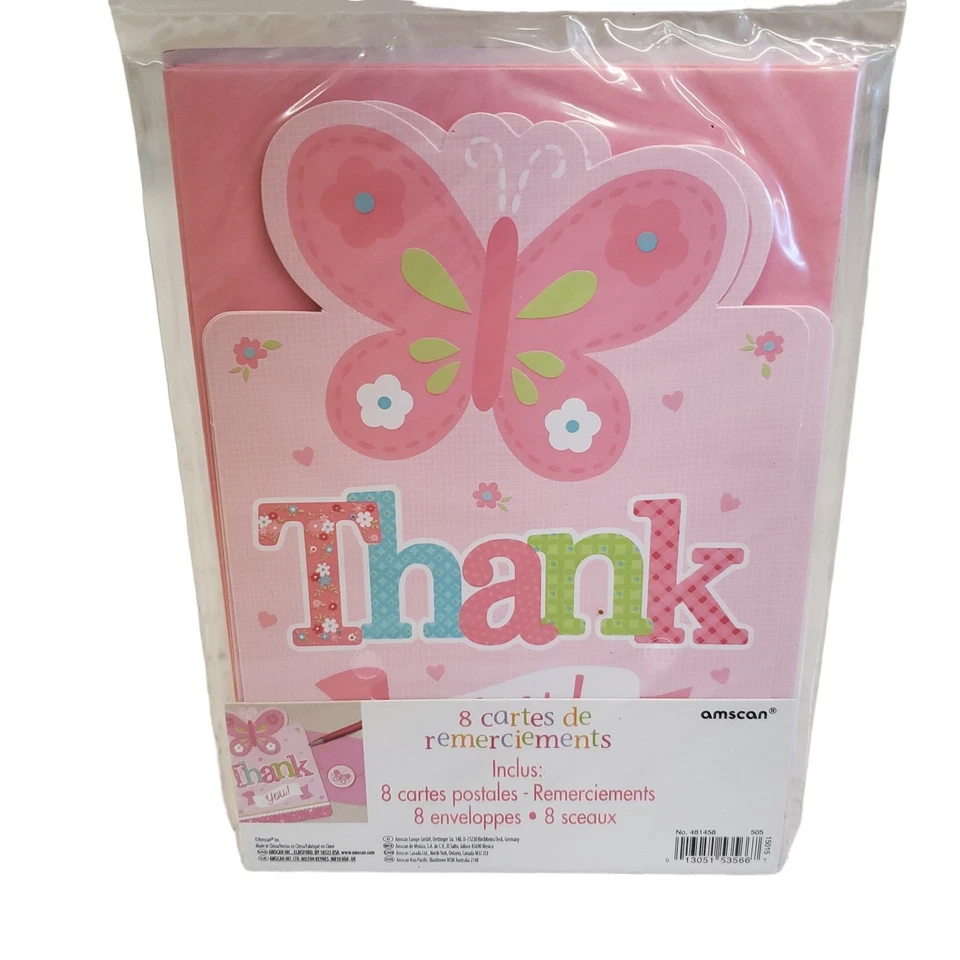 Pack de 8 tarjetas de agradecimiento Baby Girl rosa mariposa baby shower con sobres NUEVO Foto 3 de 4