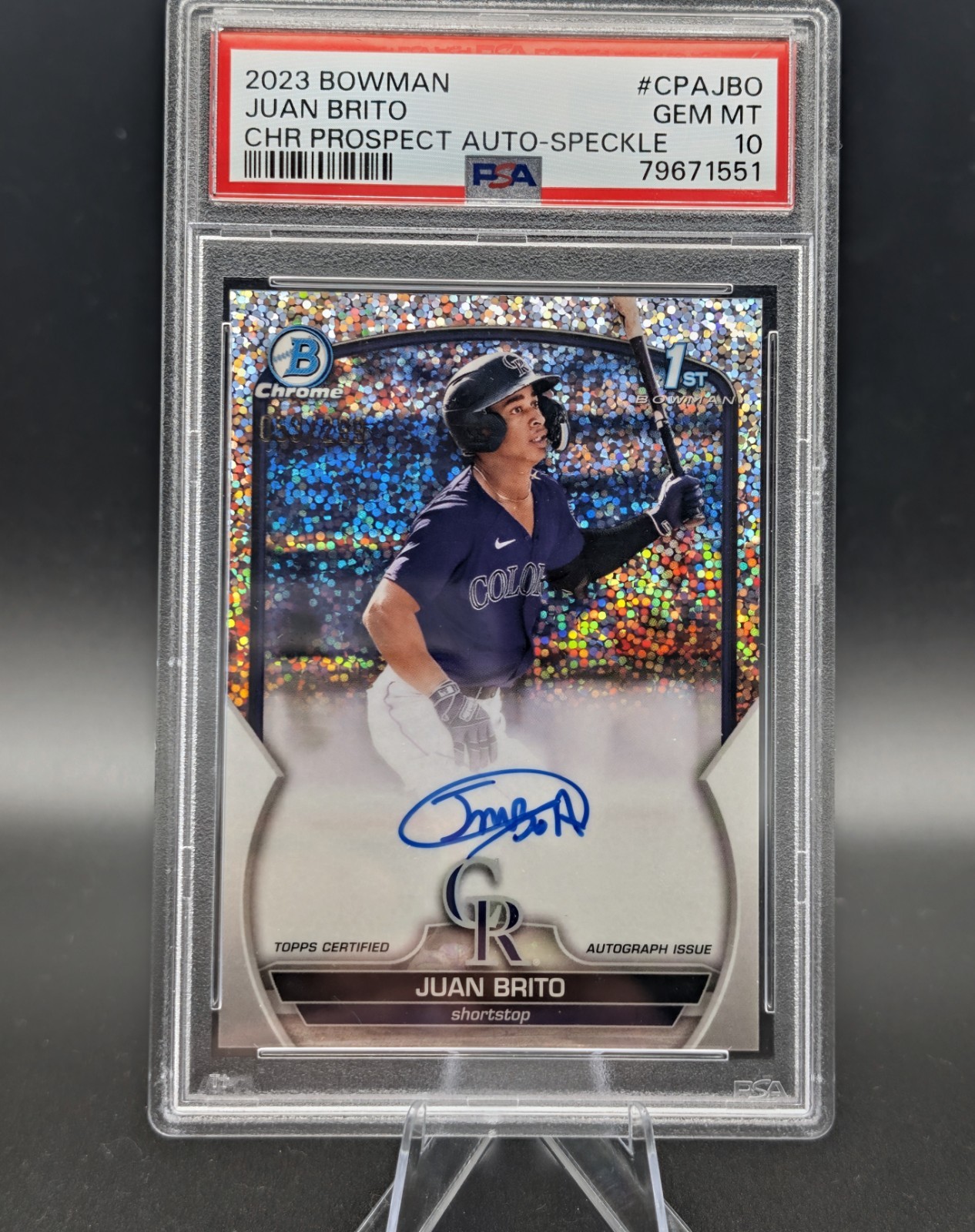 JUAN BRITO 2023 BOWMAN CHROME SPECKLE 1ST ROOKIE AUTO /299 #CPA-JBO PSA 10 Q0072