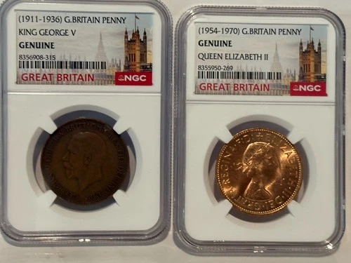 Great Britain Penny NGC King George V 1911 - 1936 & Queen Elizabeth 2 1954-1970