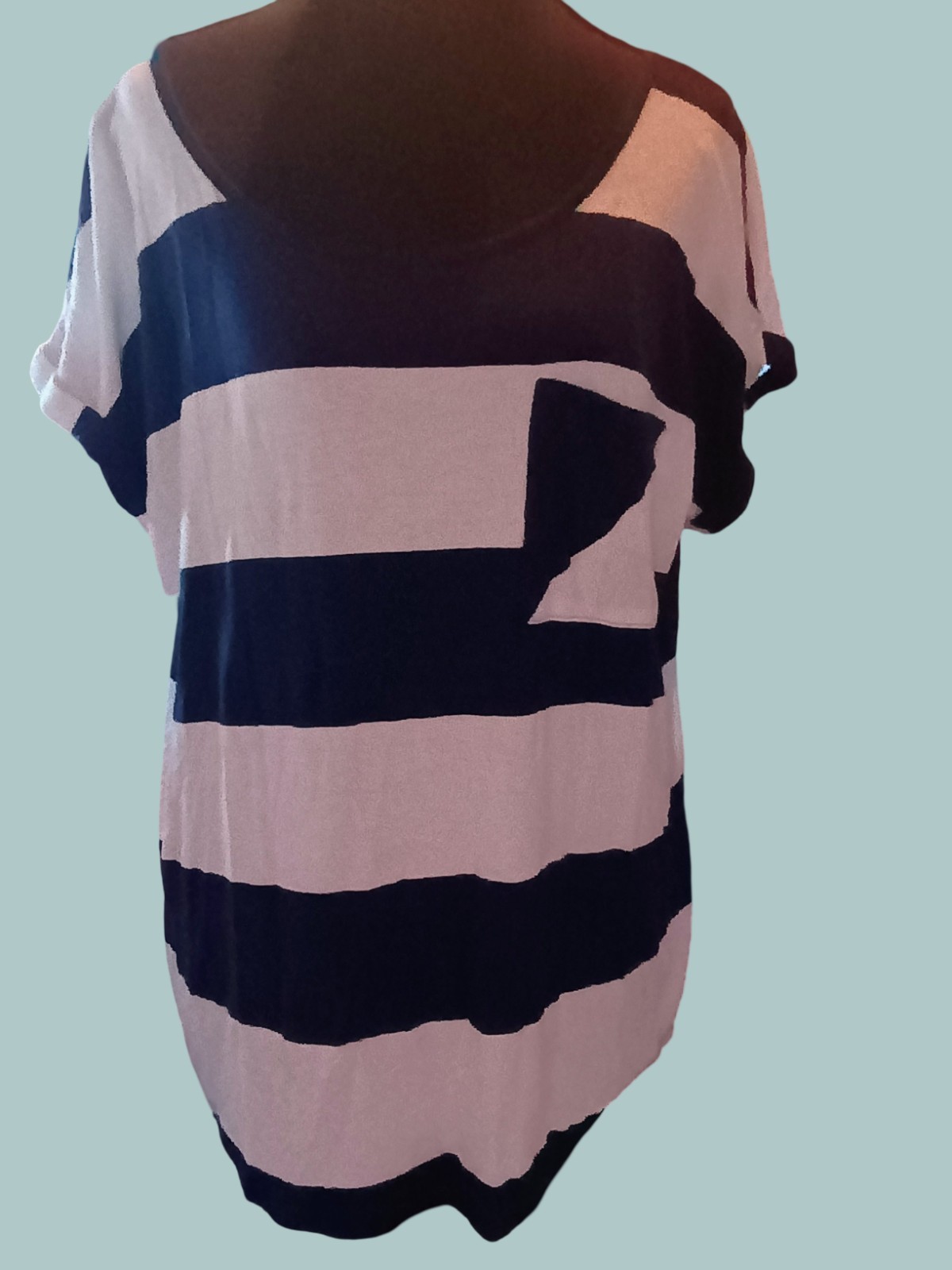Navy White Striped Pocket Tee with Button Back Cap Sleeves