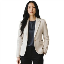 Women's Cream Wool Tweed Herringbone Check Smart Blazer Jacket