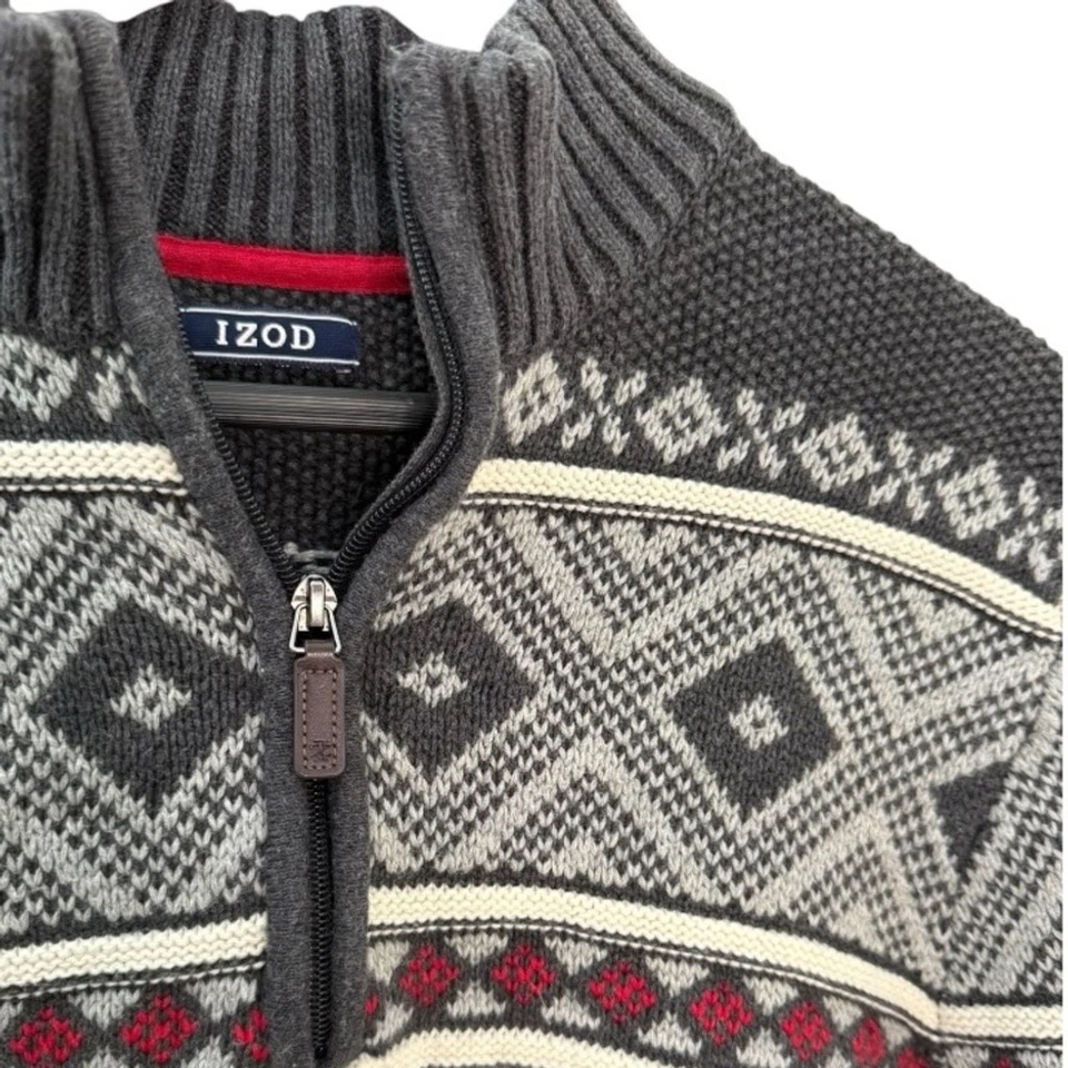 Suéter tejido IZOD para hombre L/G cuarto cremallera nórdico Fair Isle gris rojo mezcla de algodón Foto 3 de 4