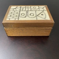 Vintage Wood Mosaic Ceramic Inlay Hinged Rectangular Trinket Box Artist Signed