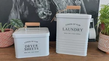 White 2pc Metal Laundry Pod Dryer Sheet Storage Container Farmhouse Laundry Deco