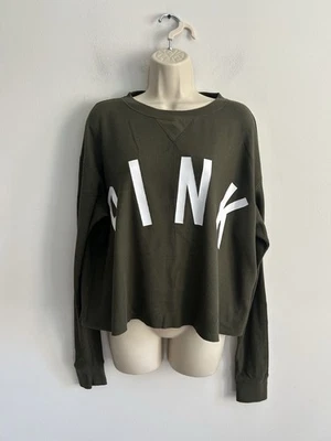 Victoria's Secret PINK Olive Green Waffle Crop Womens Long Sleeve Top Spellout M - Image 1 of 4