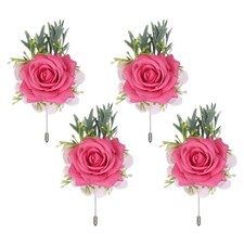 4 Pcs Rose Red Boutonnieres for Men, Artificial Flower Buttonholes Pocket